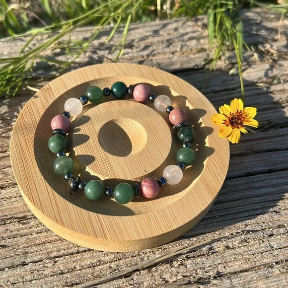 Handmade Moss Agate + Rose Quartz + Rhodonite + Hematite Bracelet - Picture 3 of 4